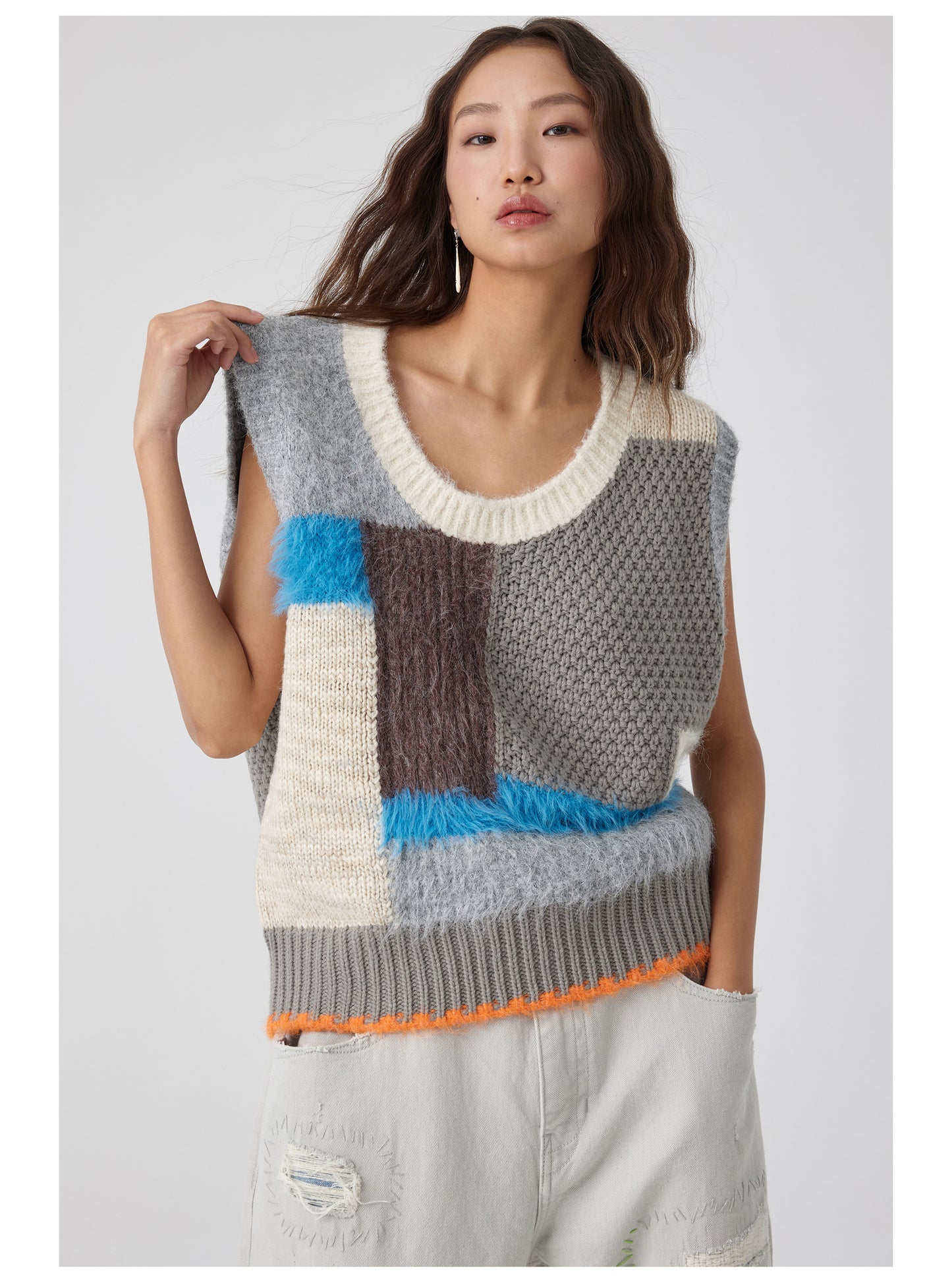 Patchwork Contrast U-Neck Sweater Vest