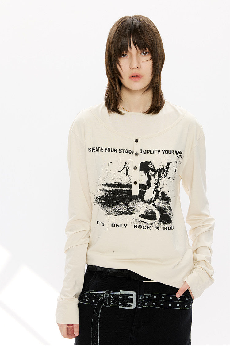 Printed Henley Collar T-Shirt