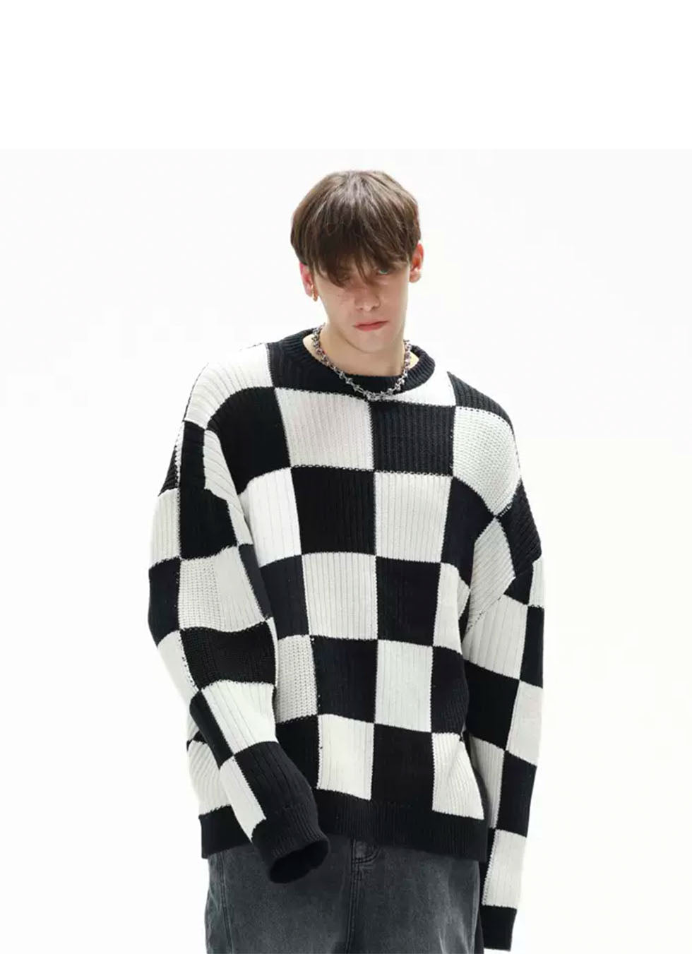 Checkerboard Round Neck Oversized Sweater