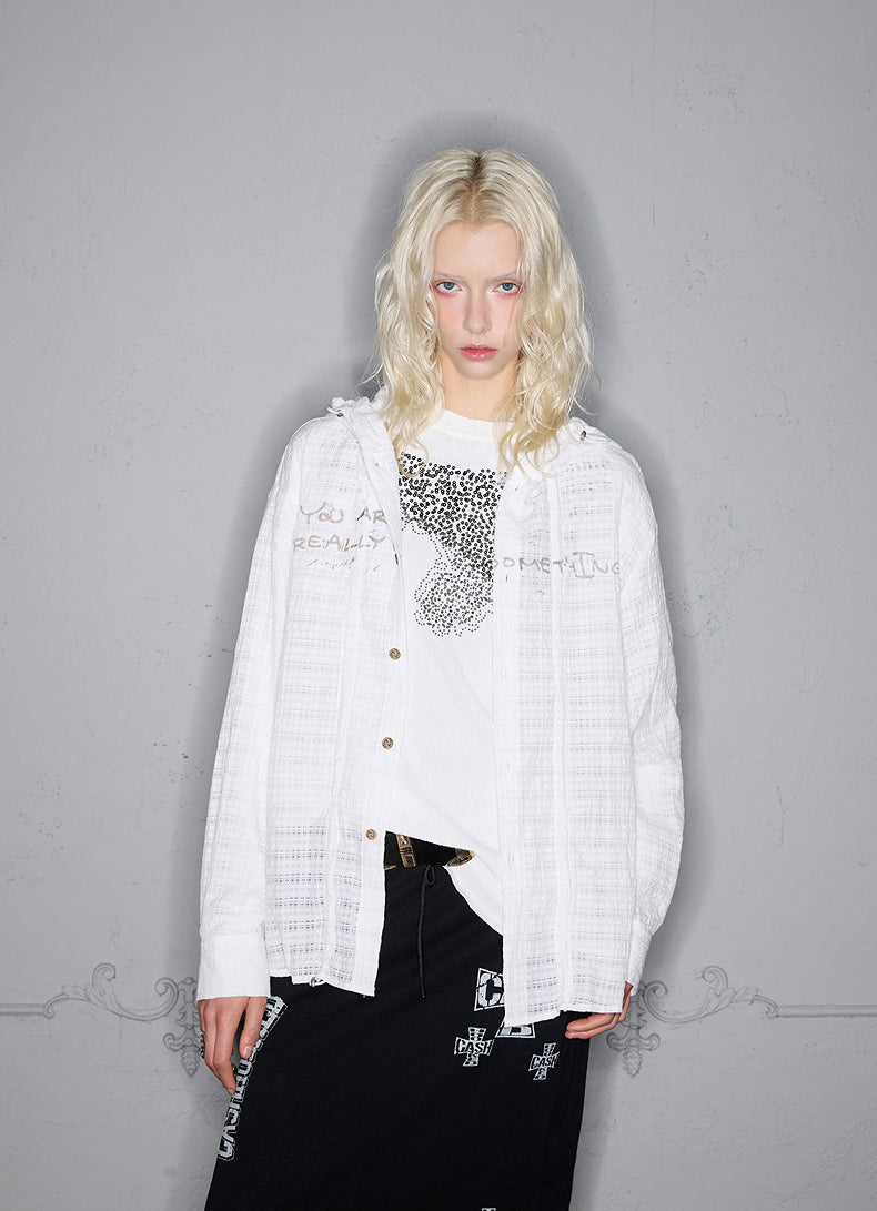 Striped pleated hooded shirt