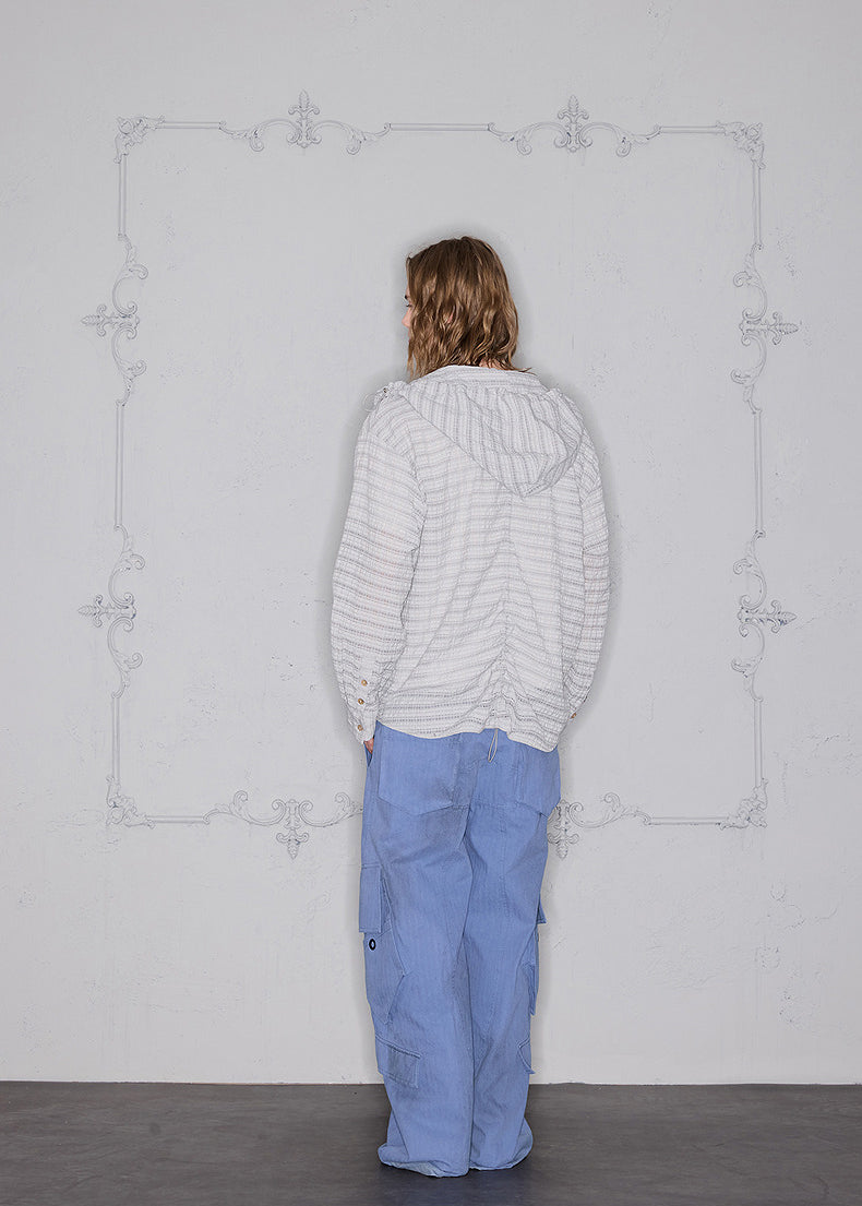 Striped pleated hooded shirt