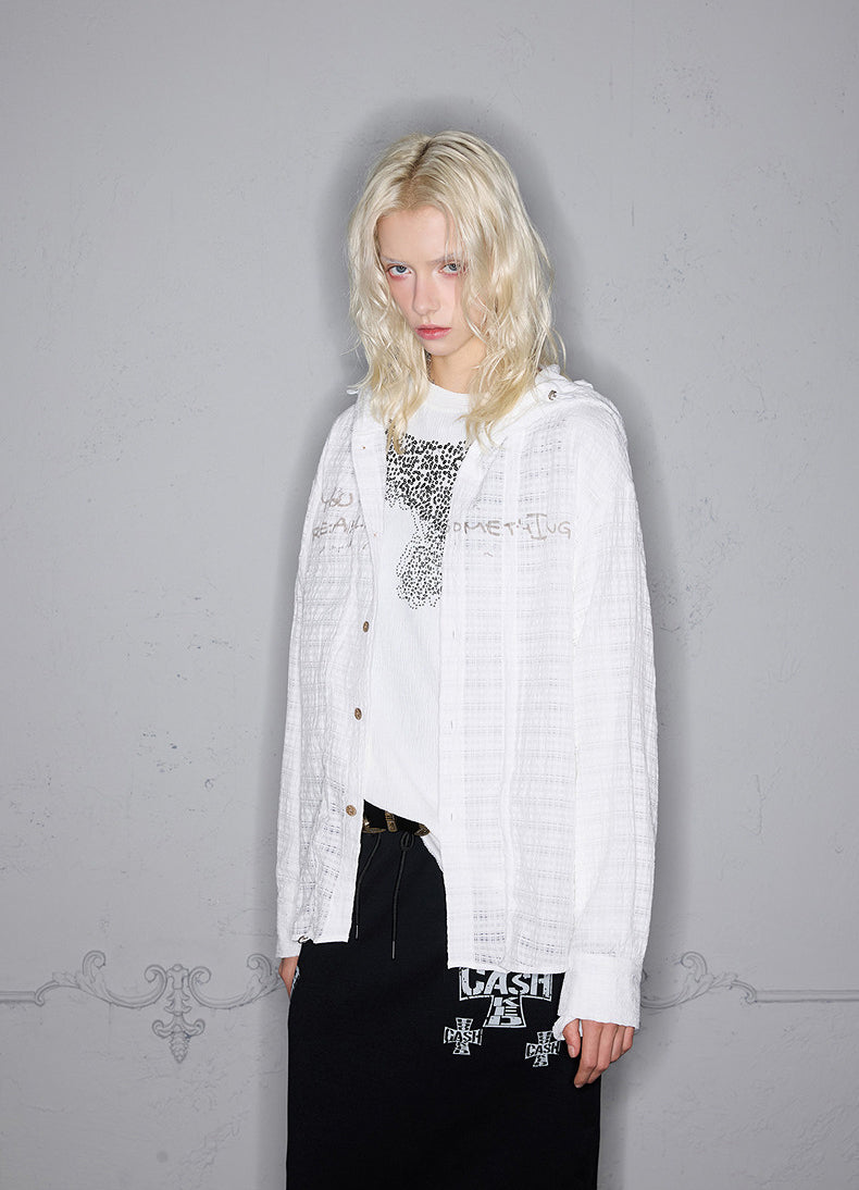 Striped pleated hooded shirt