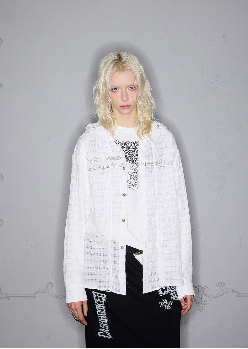 Striped pleated hooded shirt