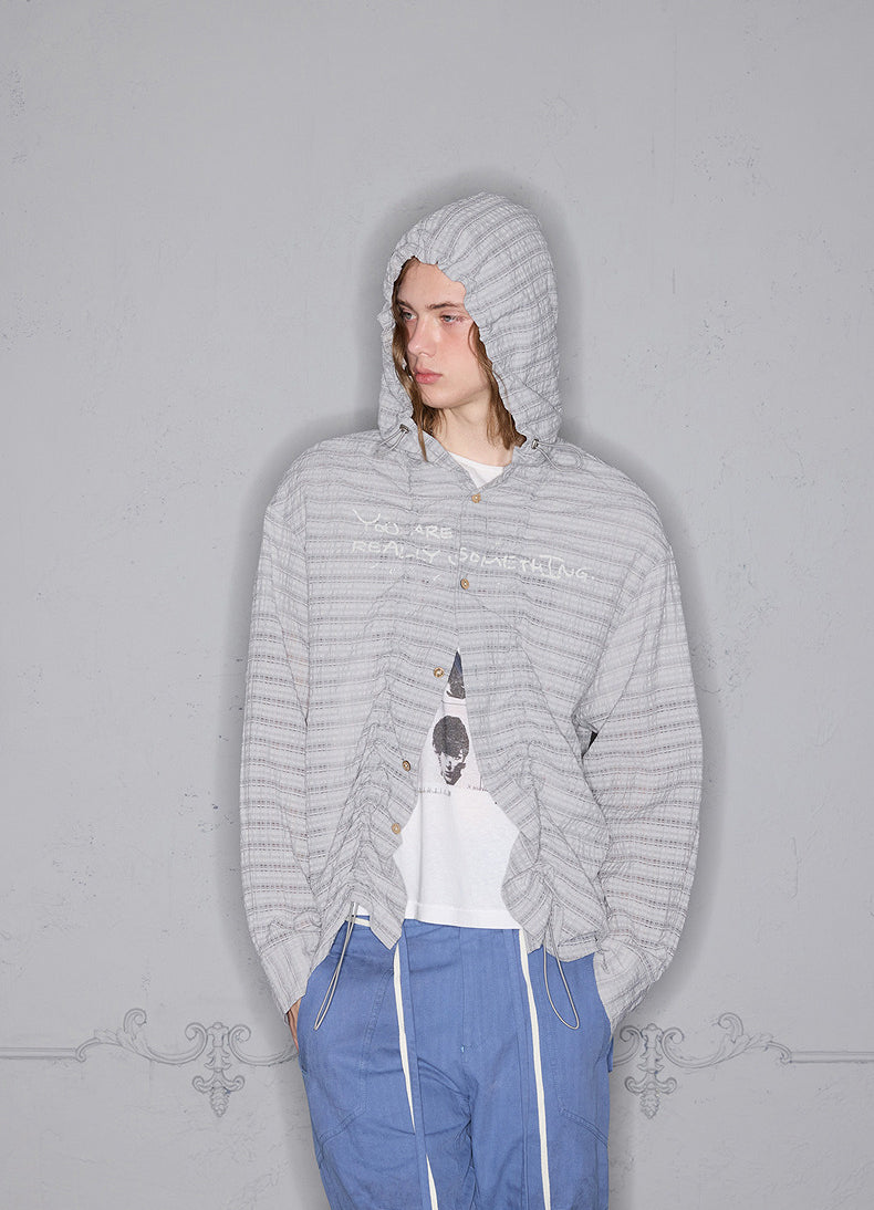 Striped pleated hooded shirt