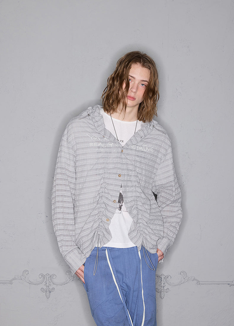 Striped pleated hooded shirt