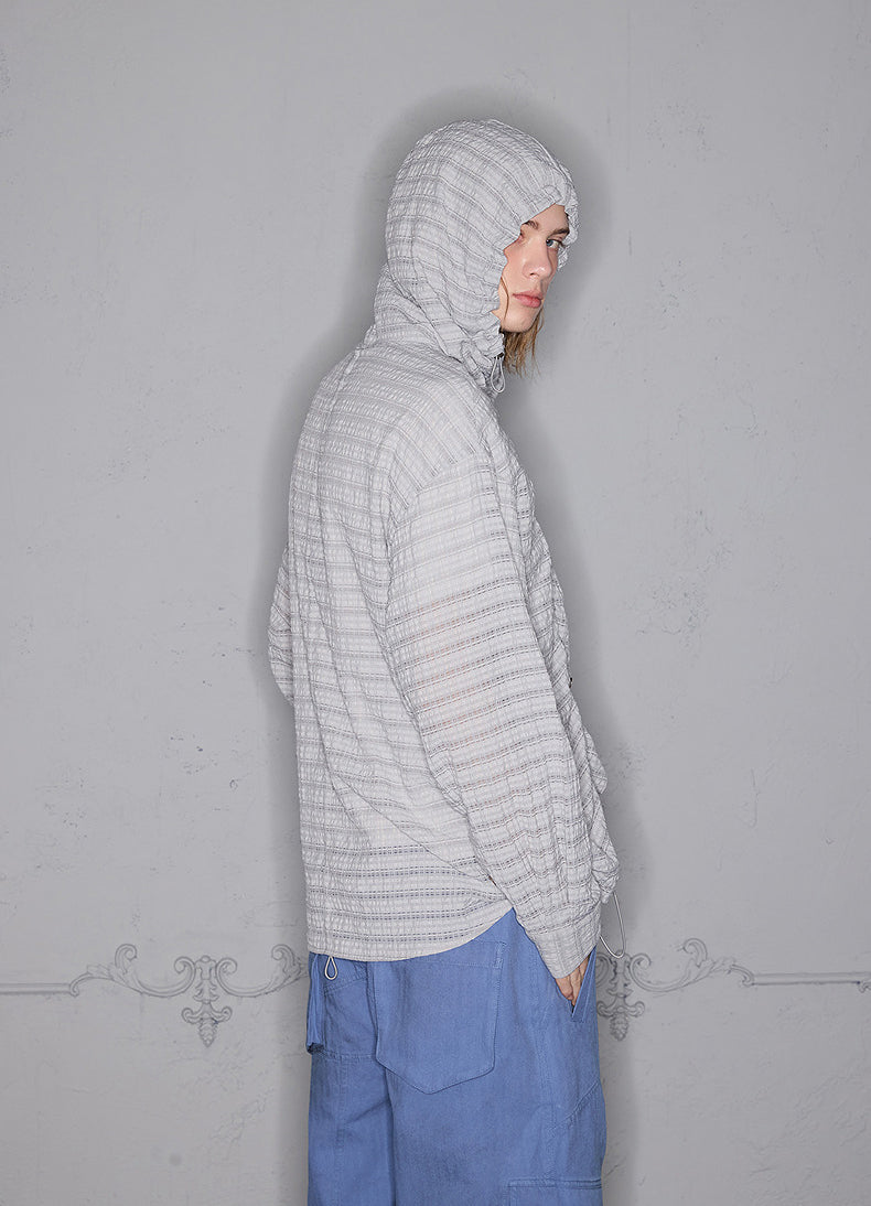 Striped pleated hooded shirt
