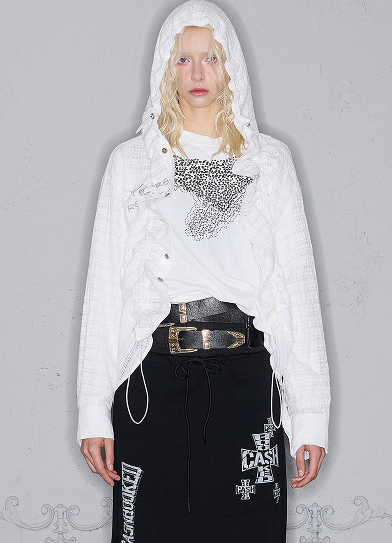 Striped pleated hooded shirt