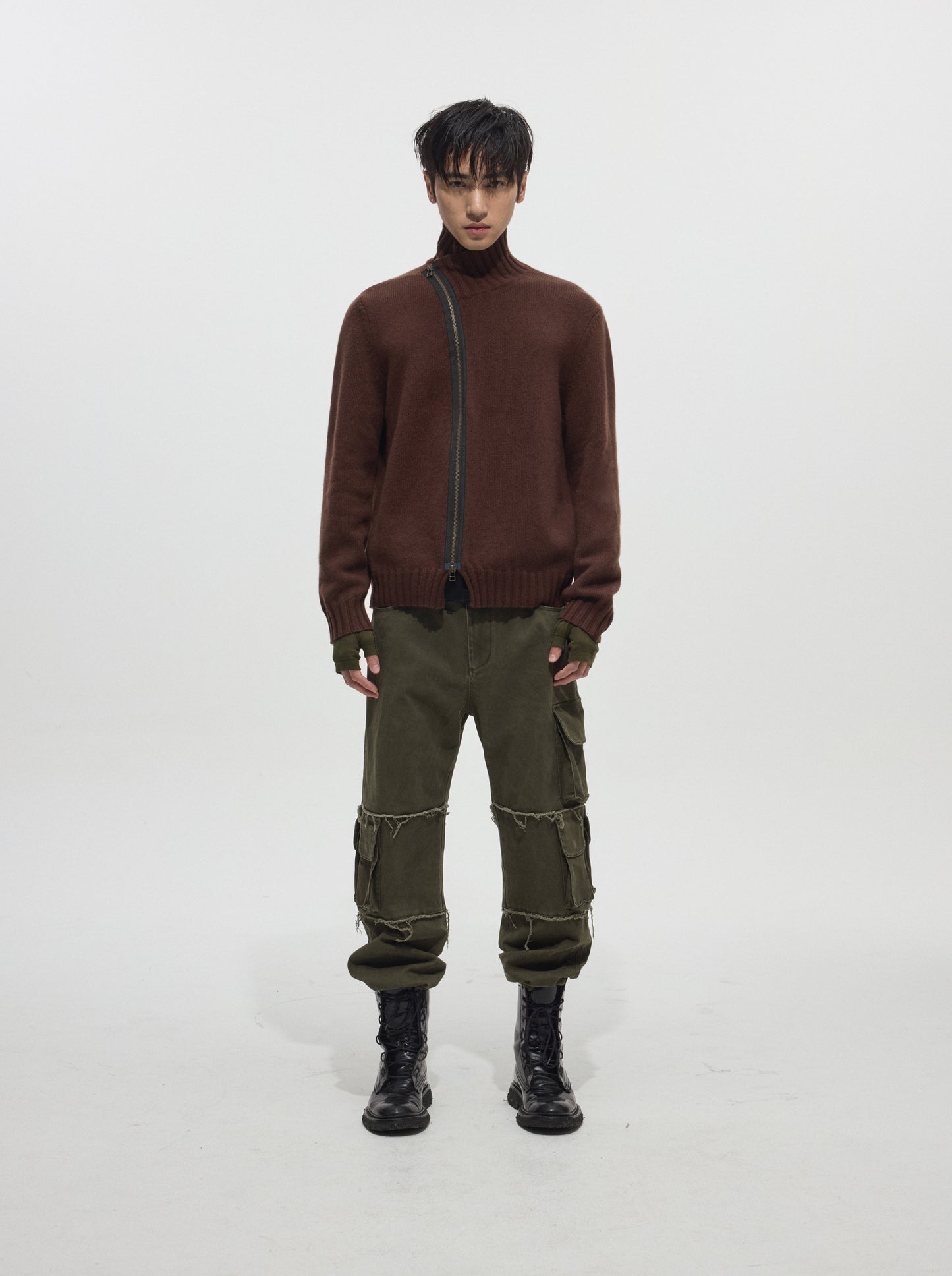 Diagonal-zip Wool Knit Cardigan