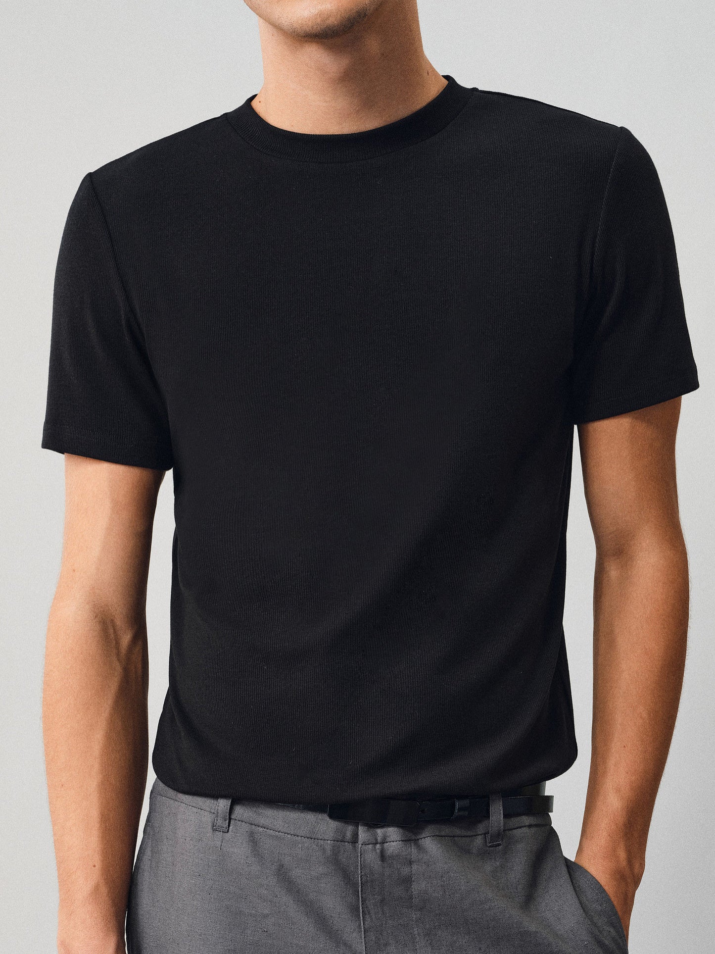 Fine-Striped Fitted Round-Neck T-Shirt