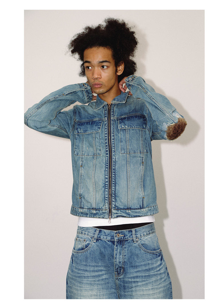 Patchwork Leather Double-Zip Denim Jacket