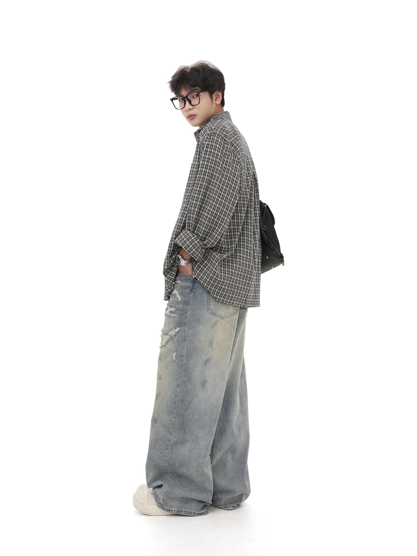 Loose Fit Retro Damaged Washed  Denim Pants