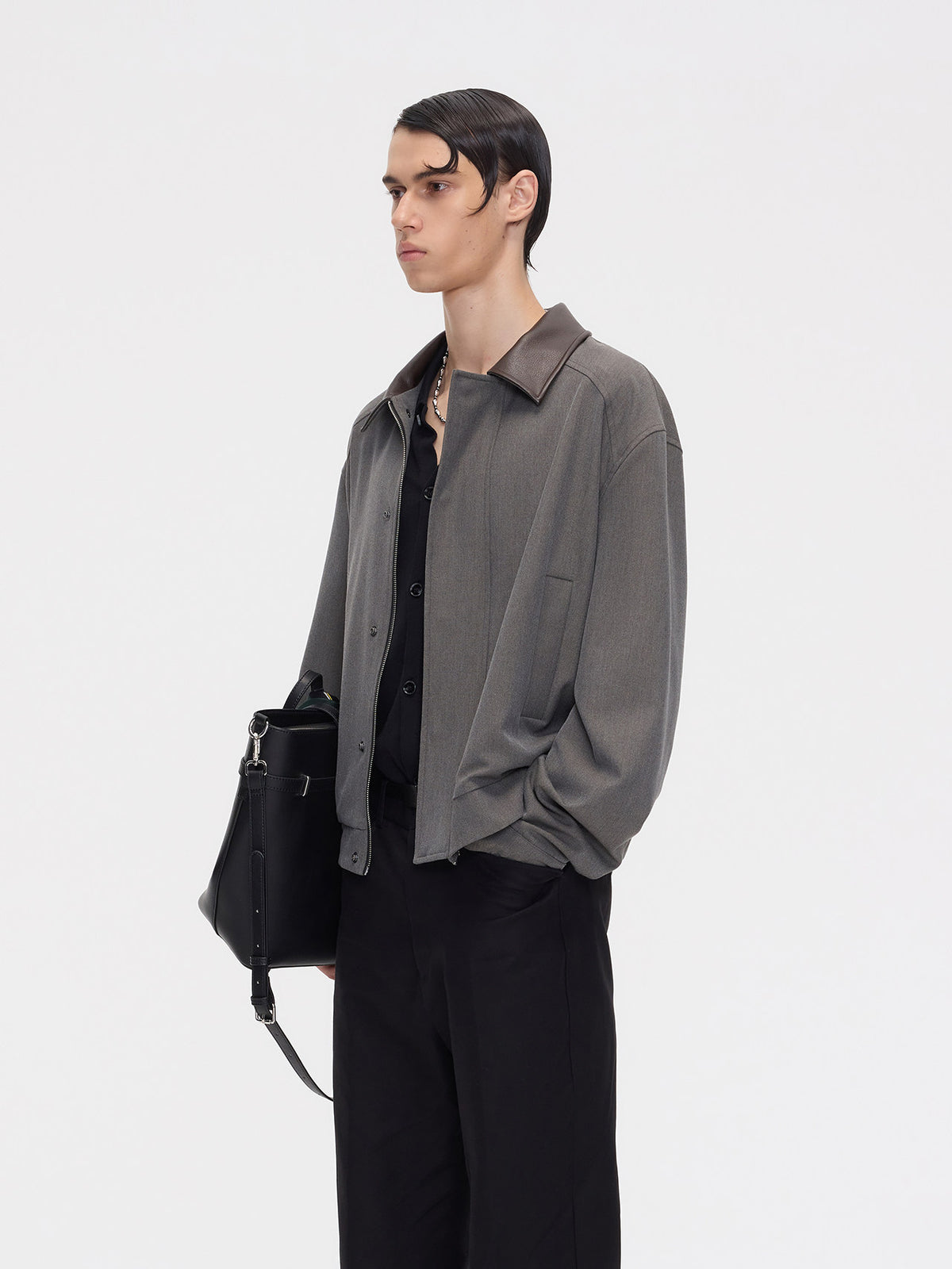 Zipper Jacket with Contrast-Color Leather Collar