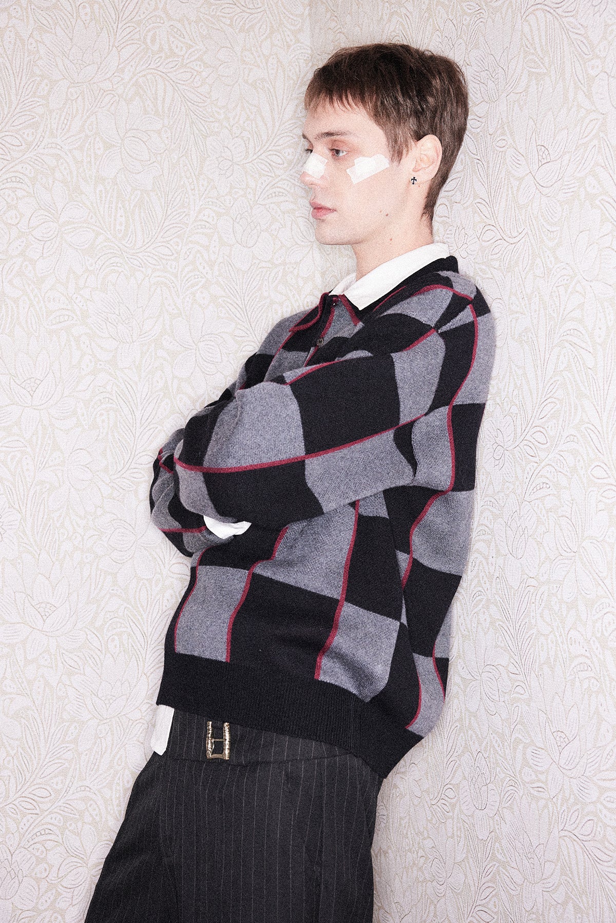 Wool lapel checkered polo shirt