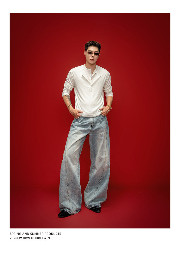 Faux Two-Piece Henley-Neck Shirt