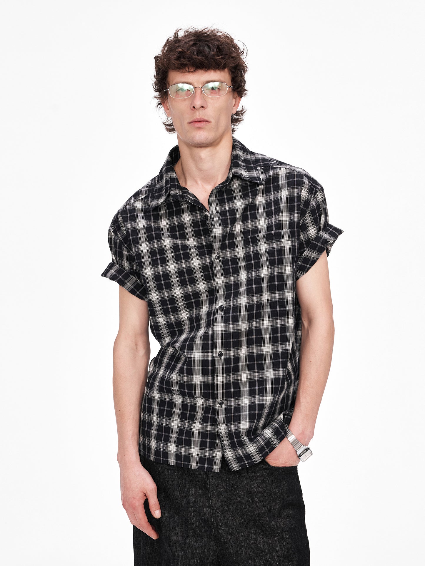 Checkered Shirt with Rolled-Up Sleeves