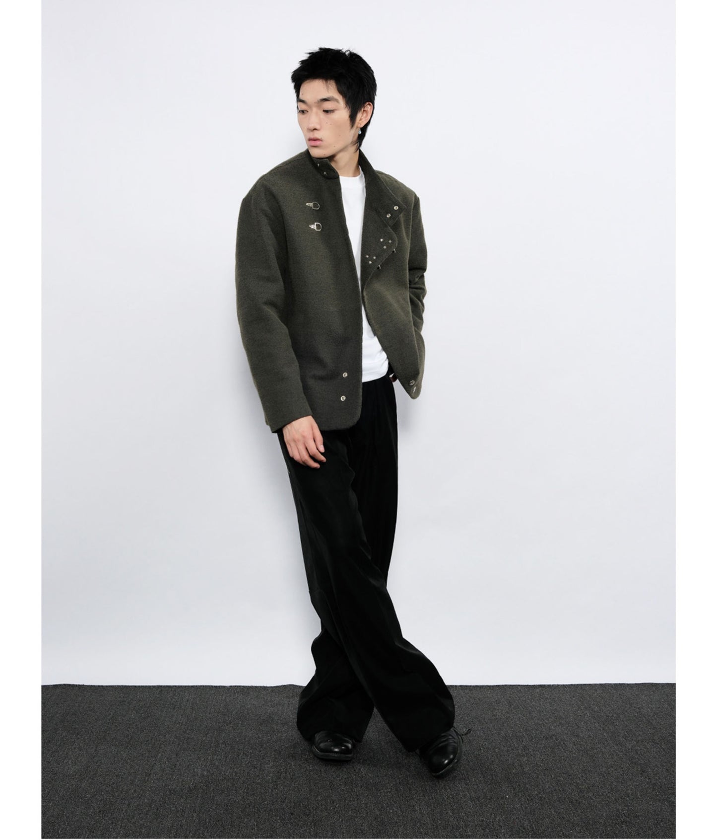 Wool jacket with diagonal front placket