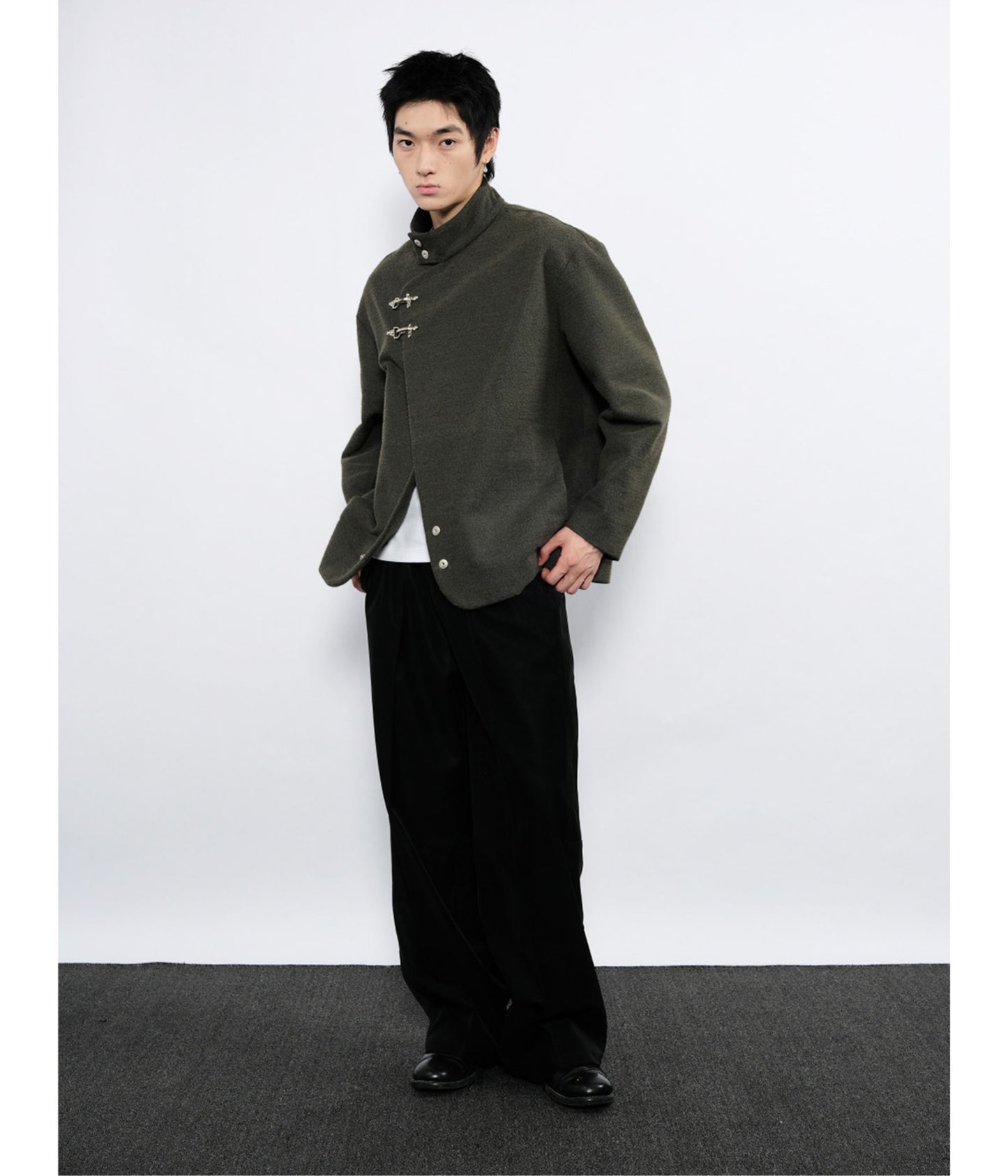 Wool jacket with diagonal front placket