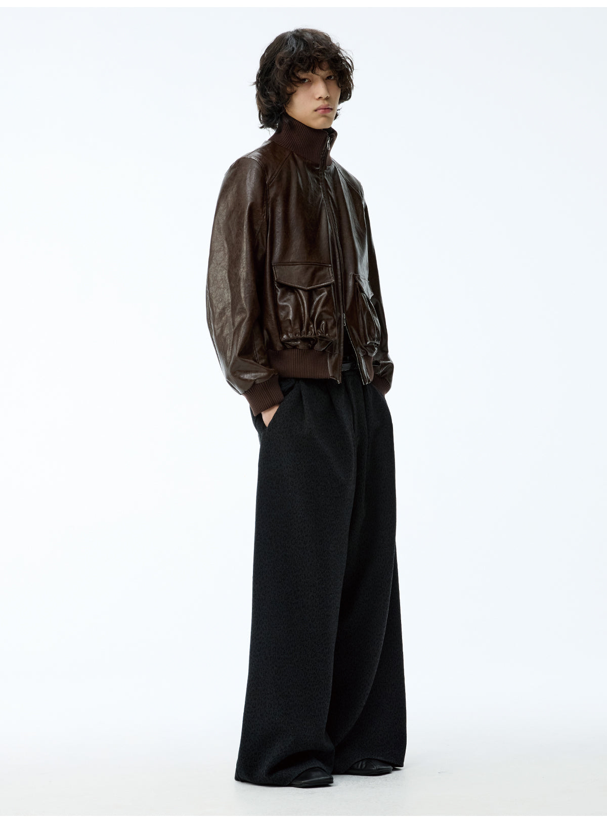Pleated Short Leather Jacket