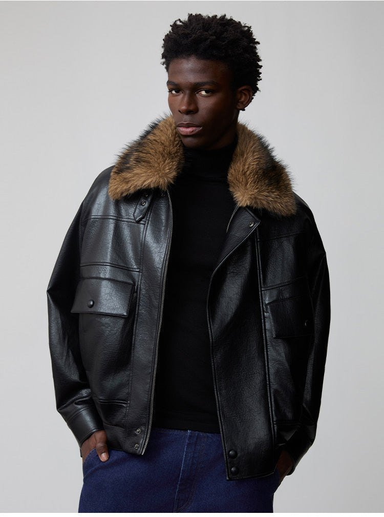 Detachable fur collar bomber jacket