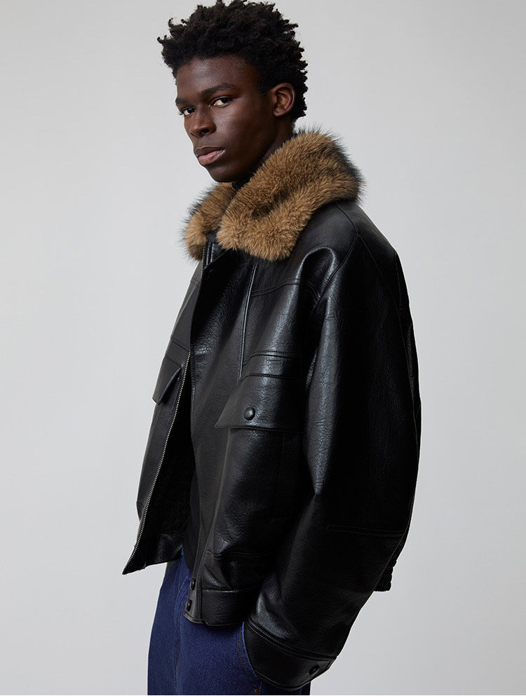 Detachable fur collar bomber jacket