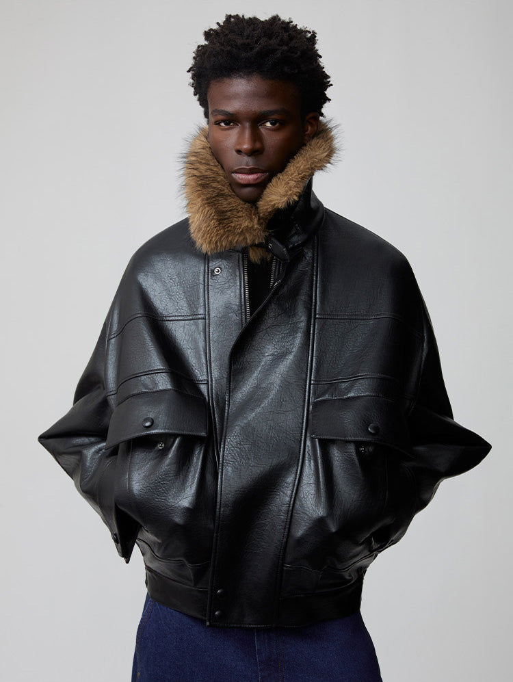 Detachable fur collar bomber jacket