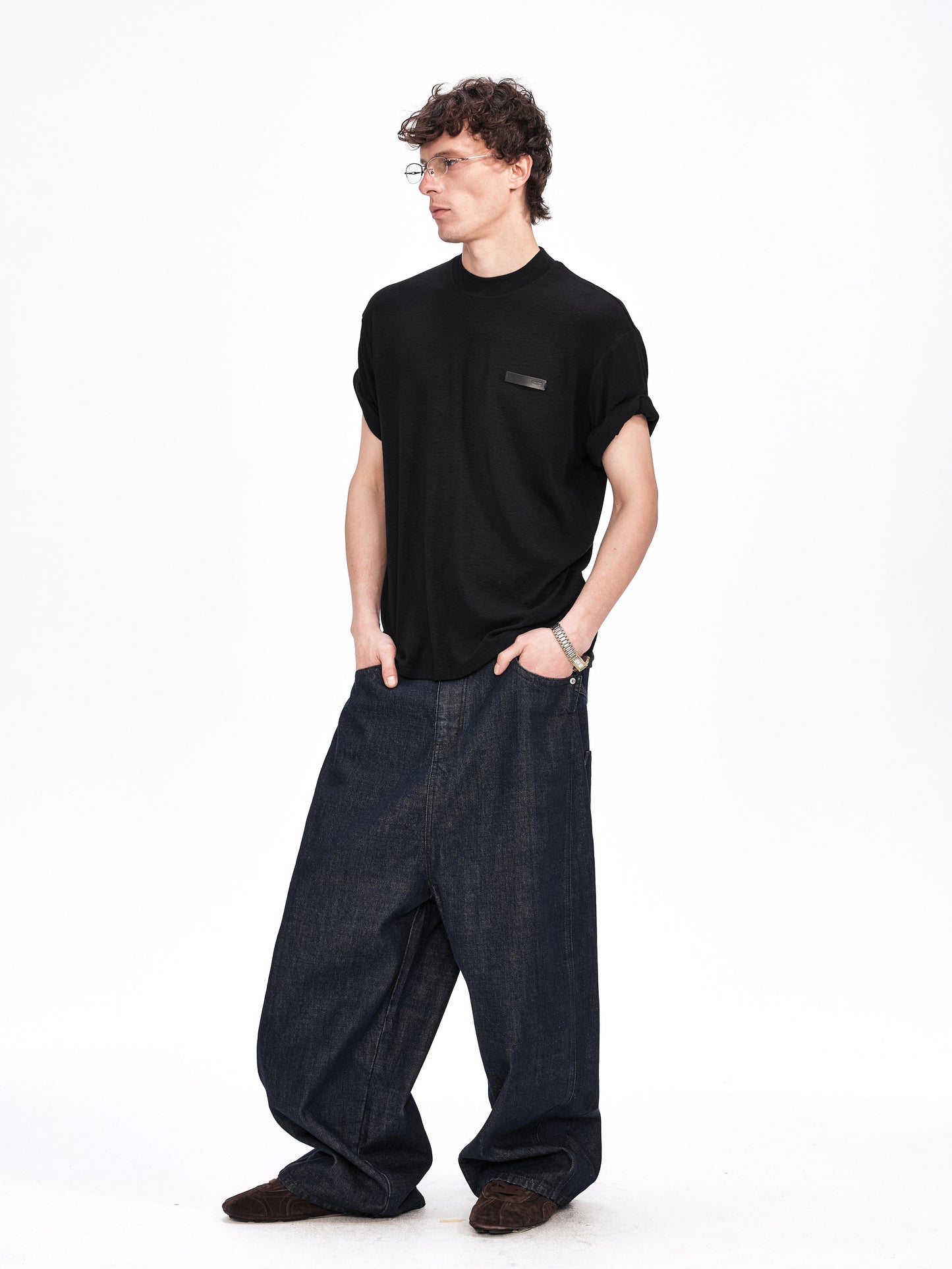 Roll-Sleeve T-Shirt with Leather Label