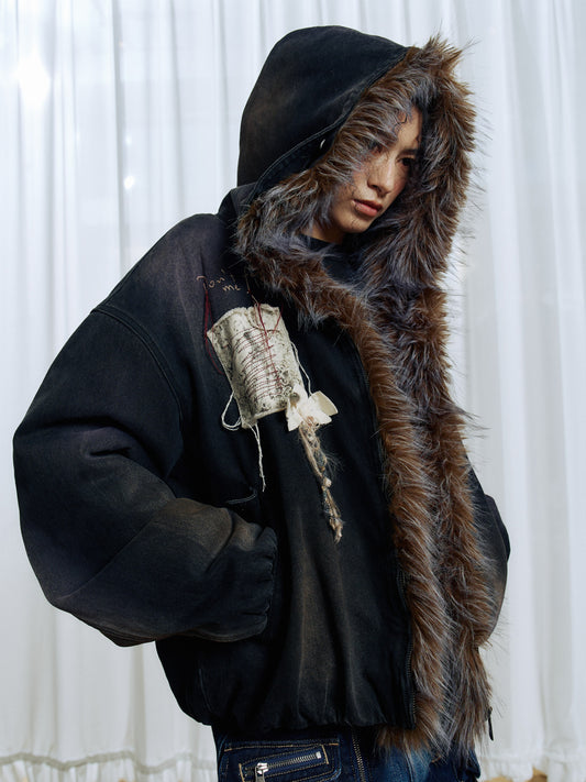 Detachable faux fur lining denim jacket