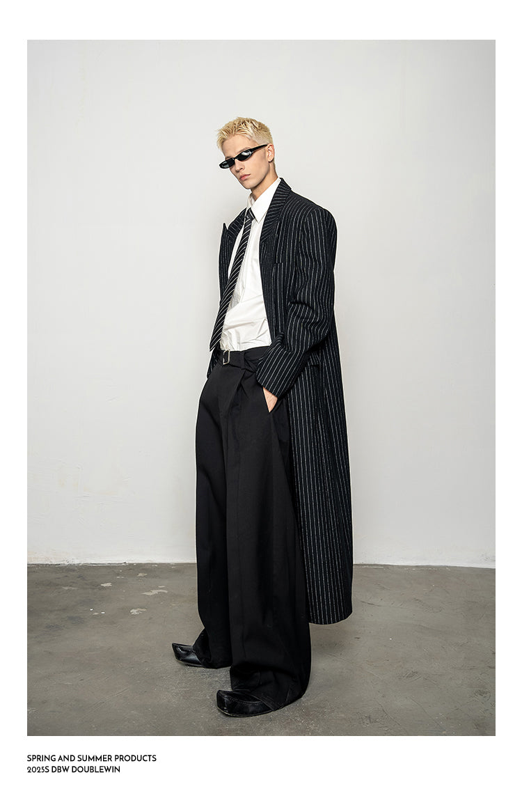 Wool Blend Striped Long Coat