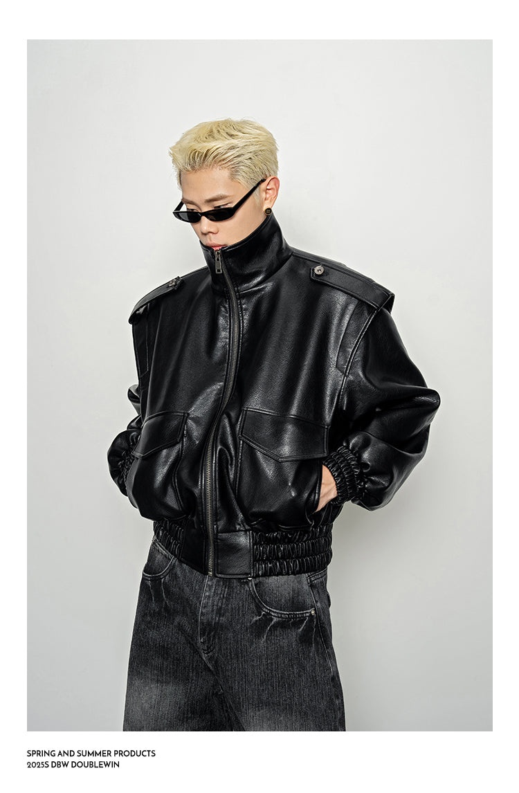 Wide-Shoulder High-Neck Leather Jacket