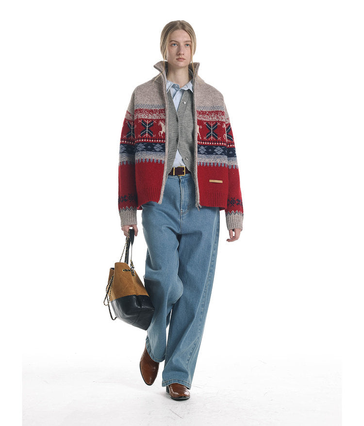 Wool-Blend Pony Jacquard Zip Cardigan