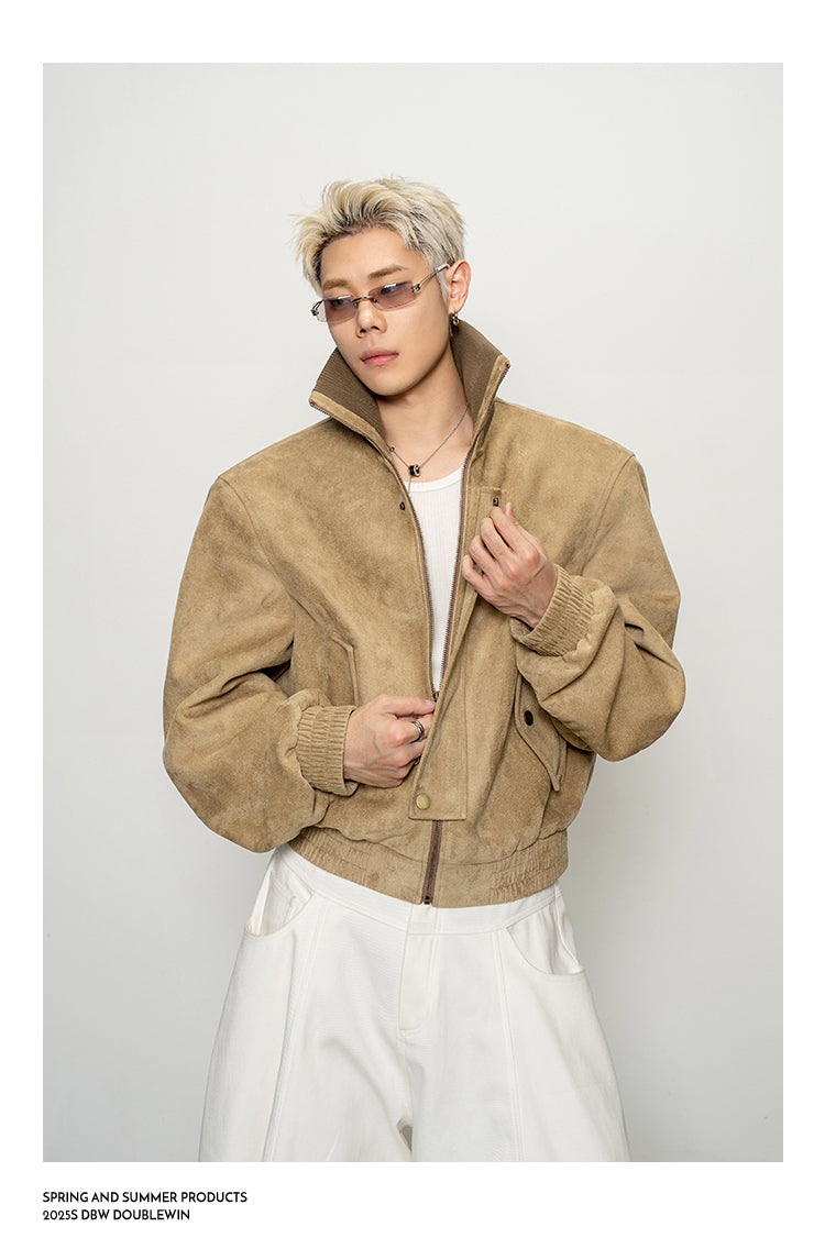 Suede Rib High-Neck Short Jacket