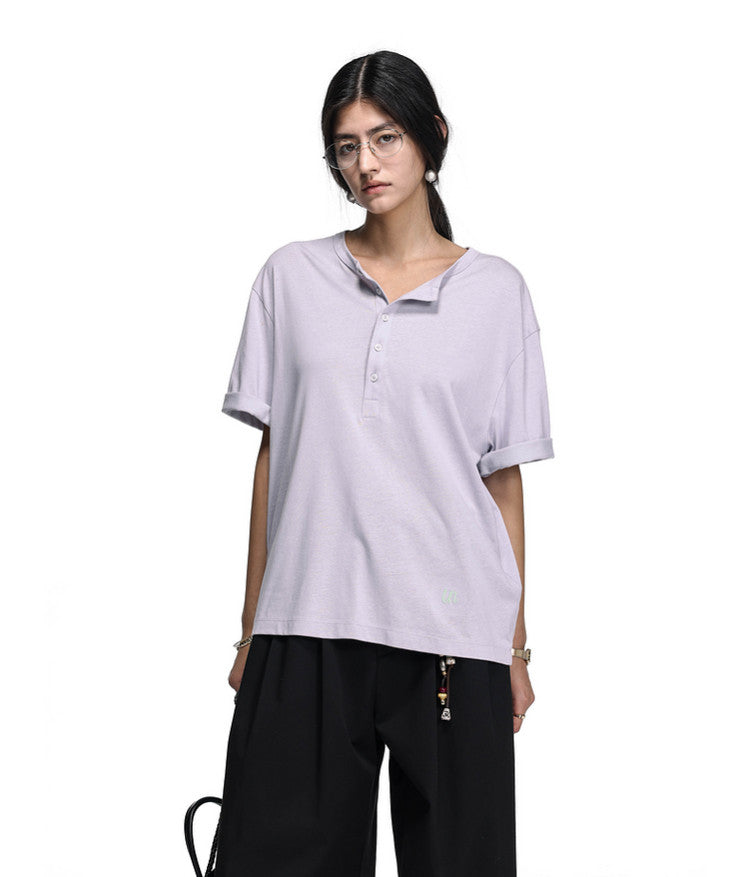 Letter-Embroidered Henley Collar T-Shirt