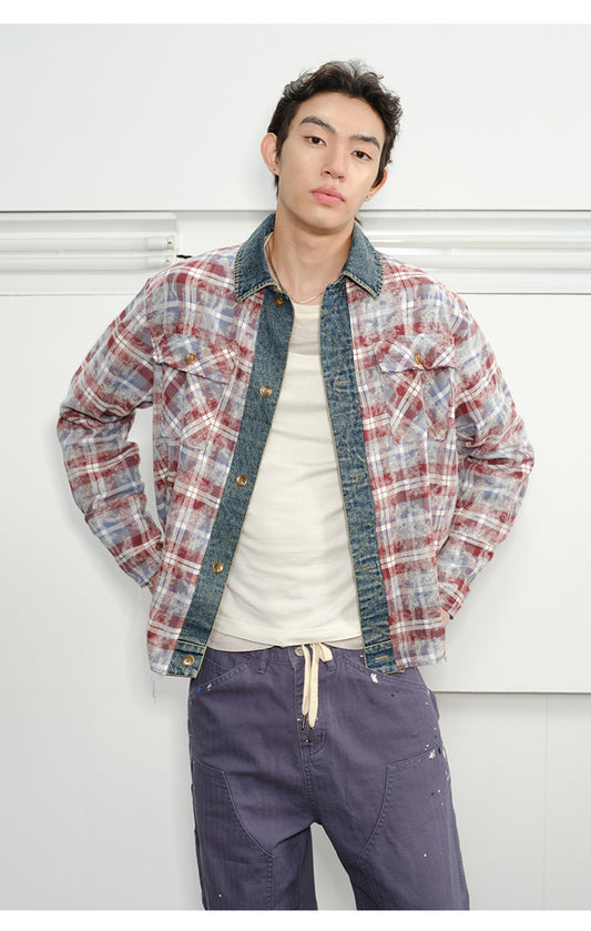 Checked Stitched Placket Denim Shirt