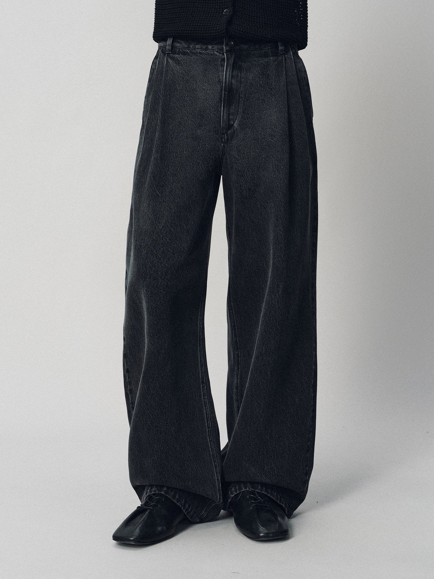 Double-Pleated Wide-Leg Denim Pants