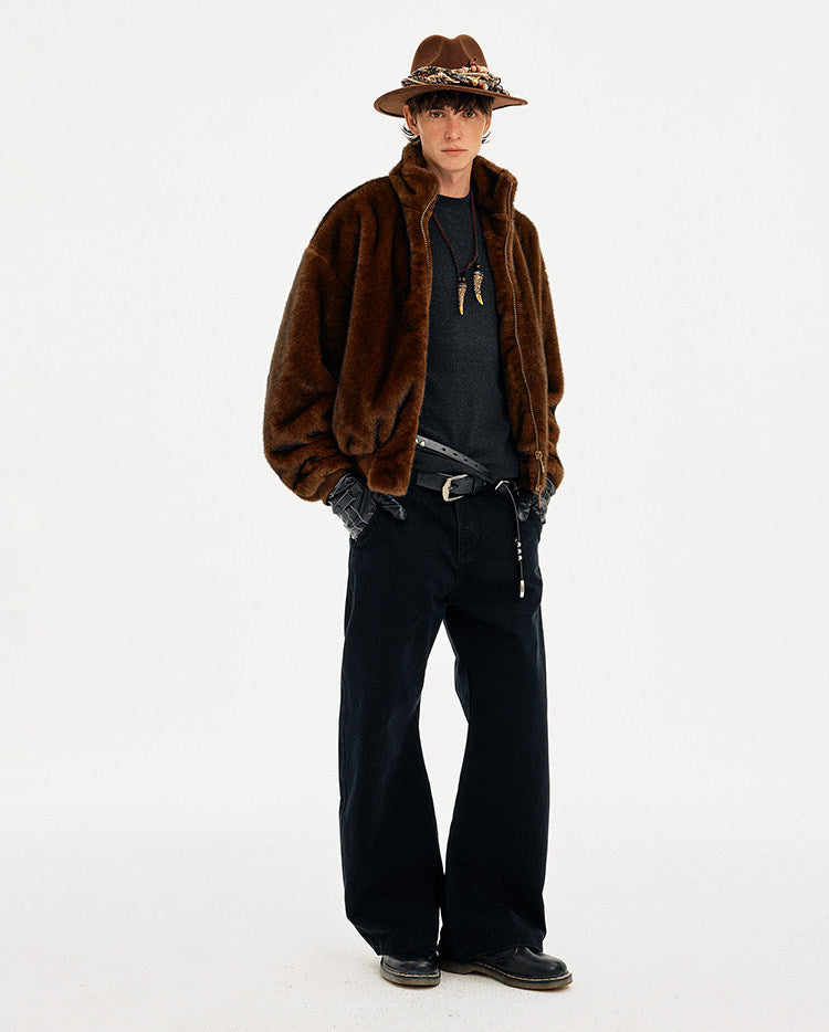 Retro Faux Fur Stand Collar Jacket