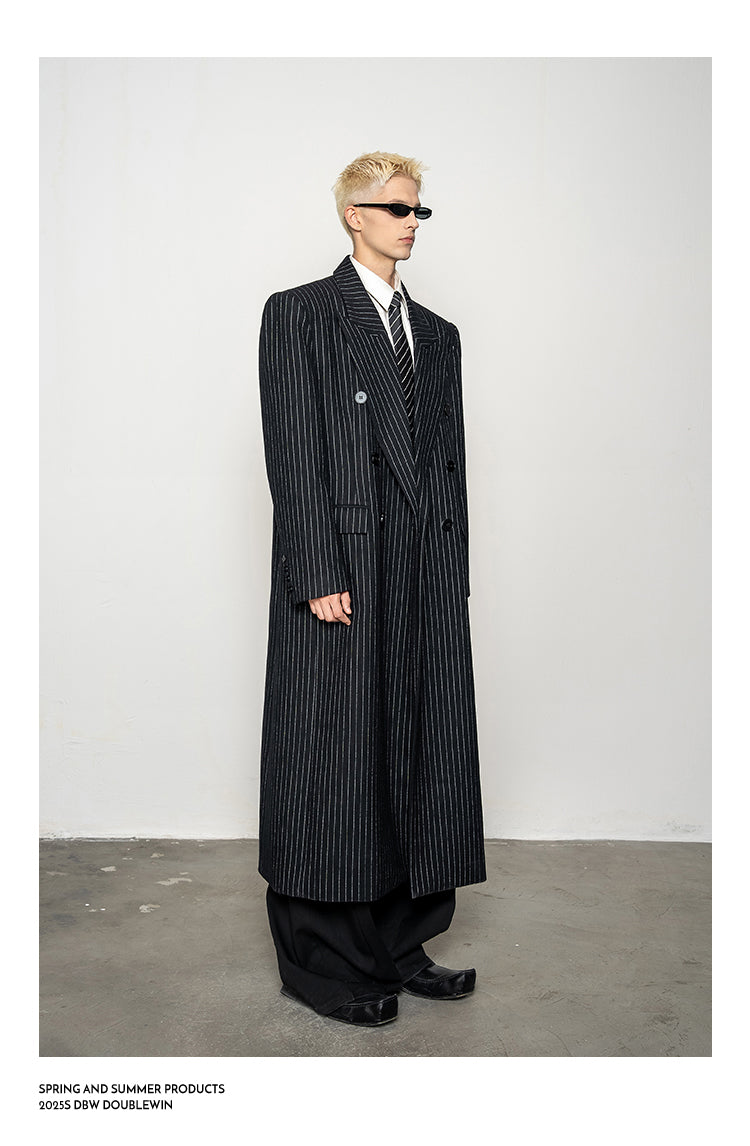 Wool Blend Striped Long Coat