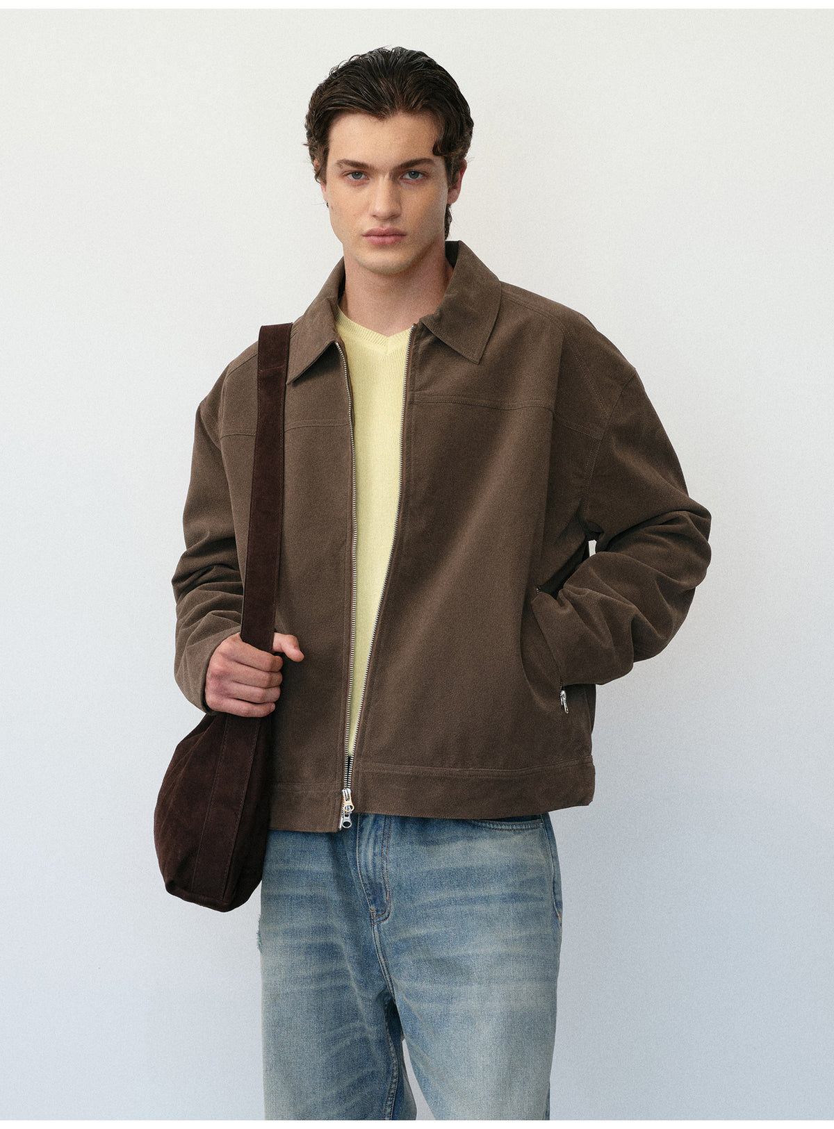 Short Box Jacket with Lapels in Faux Suede