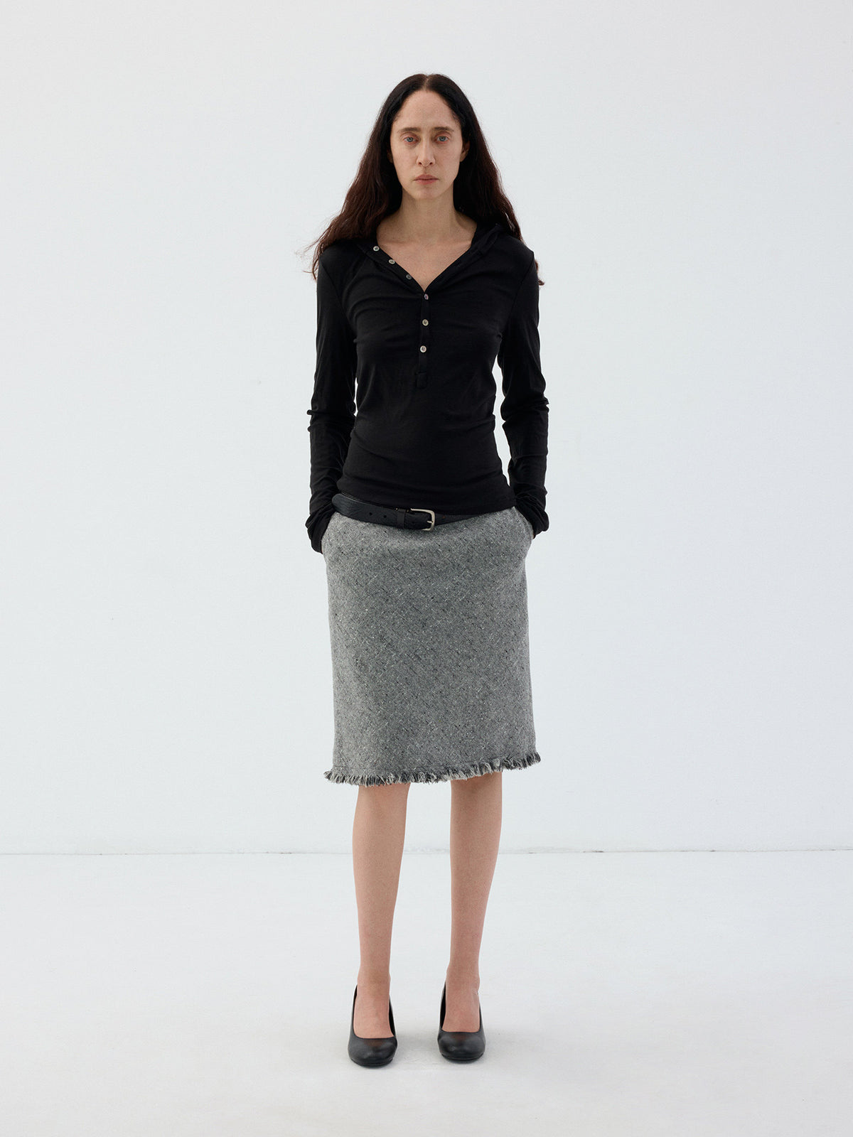 Henry-Collar T-Shirt with Half-Button Hood