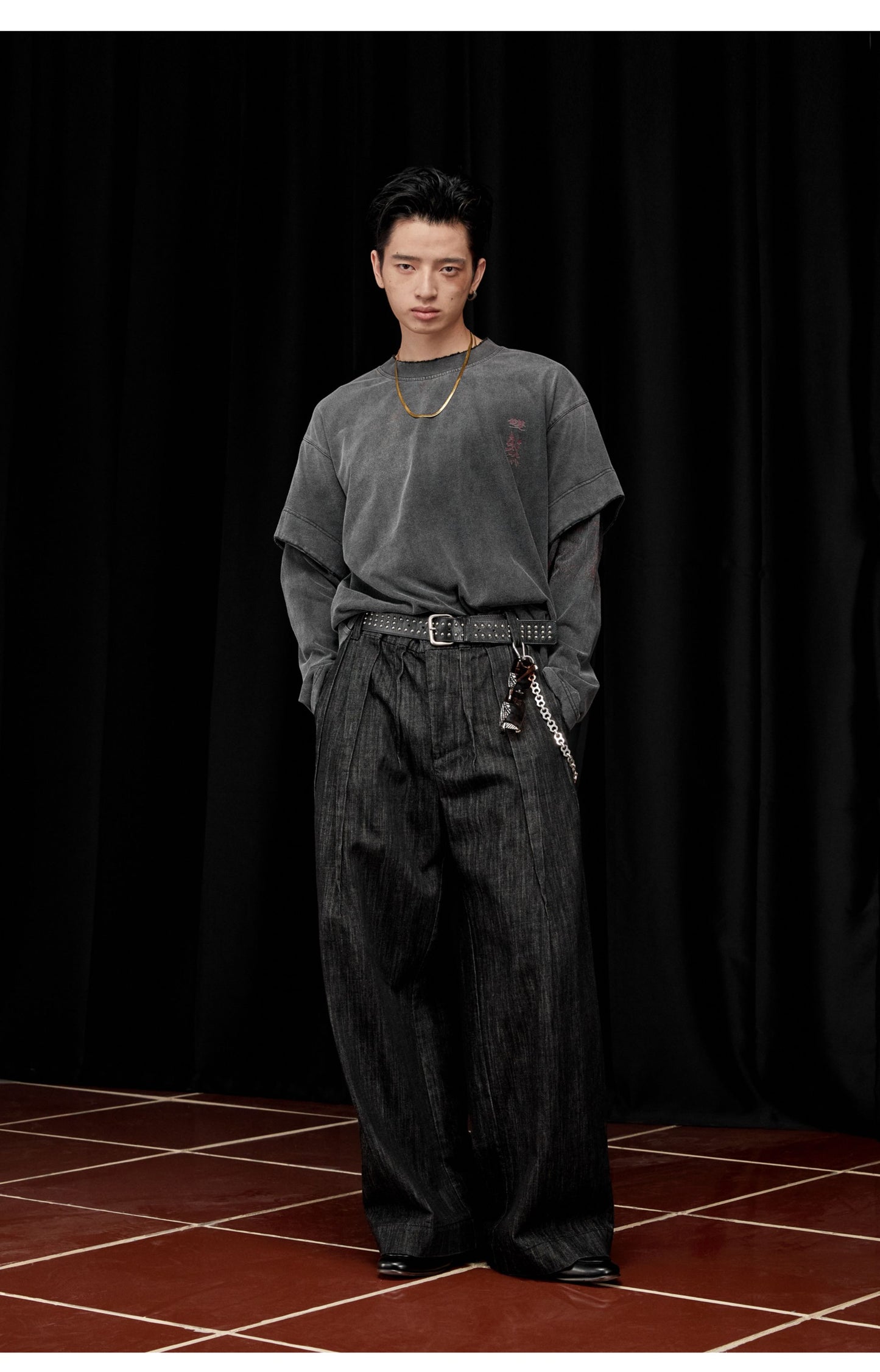 Wide Leg Multi-Pleated Denim Pants