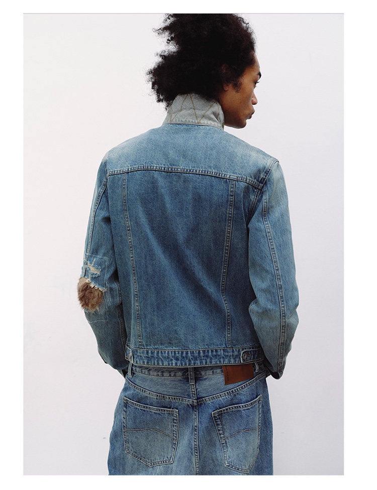Patchwork Leather Double-Zip Denim Jacket