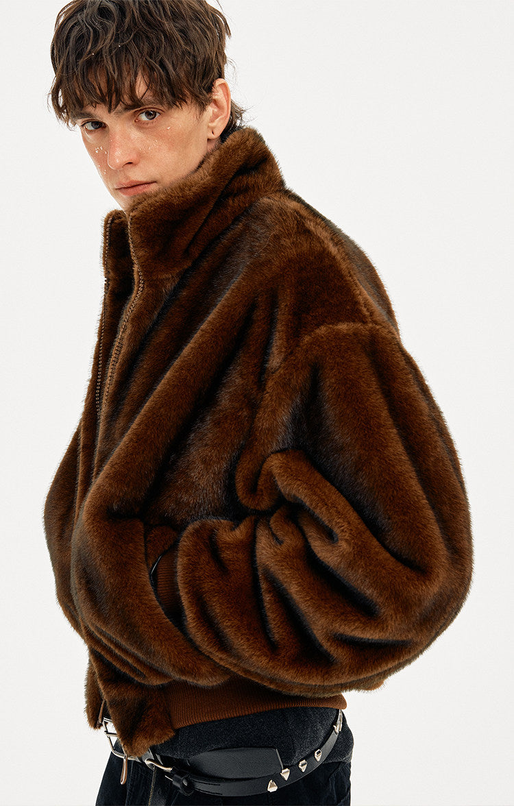 Retro Faux Fur Stand Collar Jacket