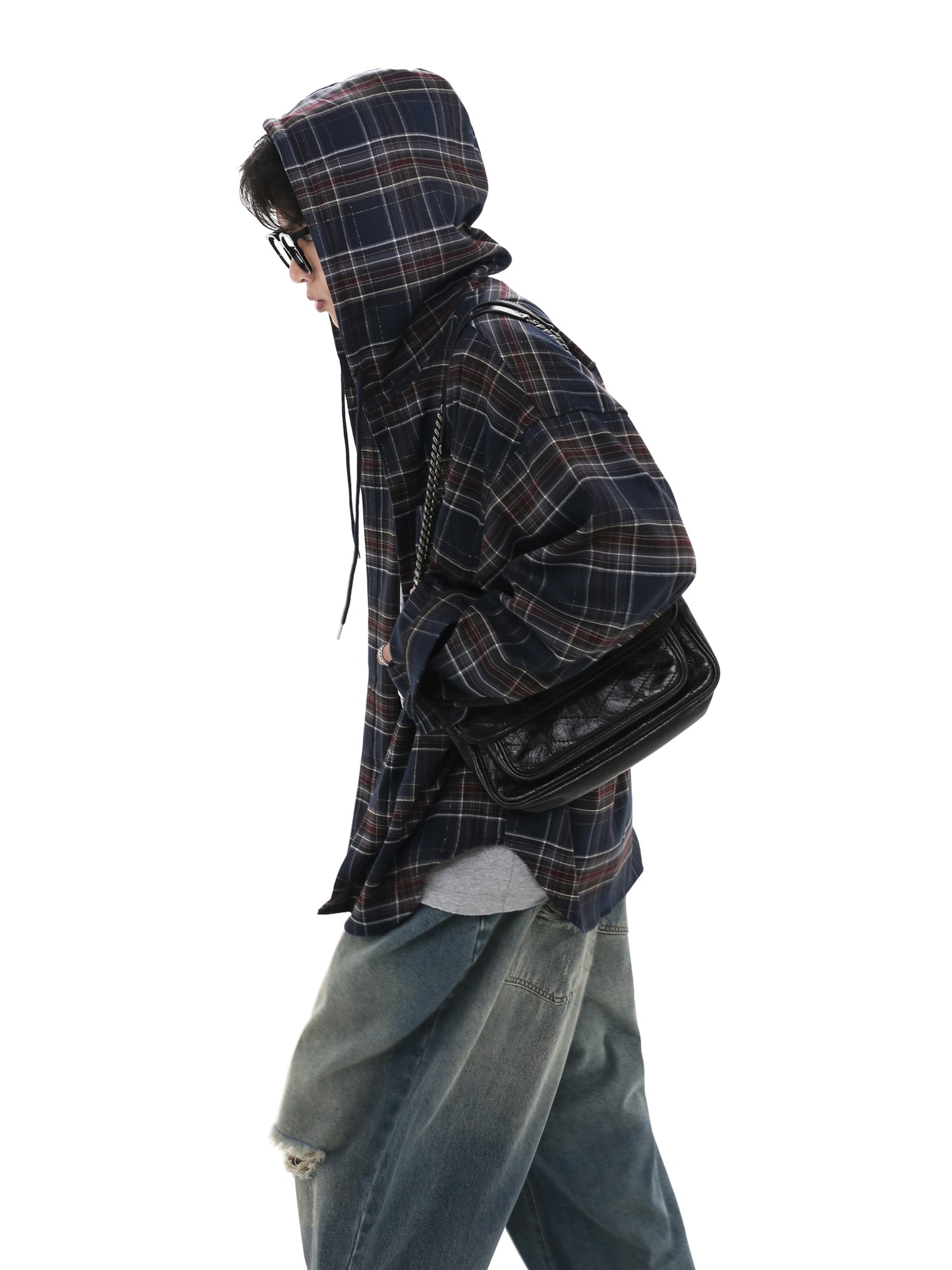 Loose Fit Retro plaid hooded shirt