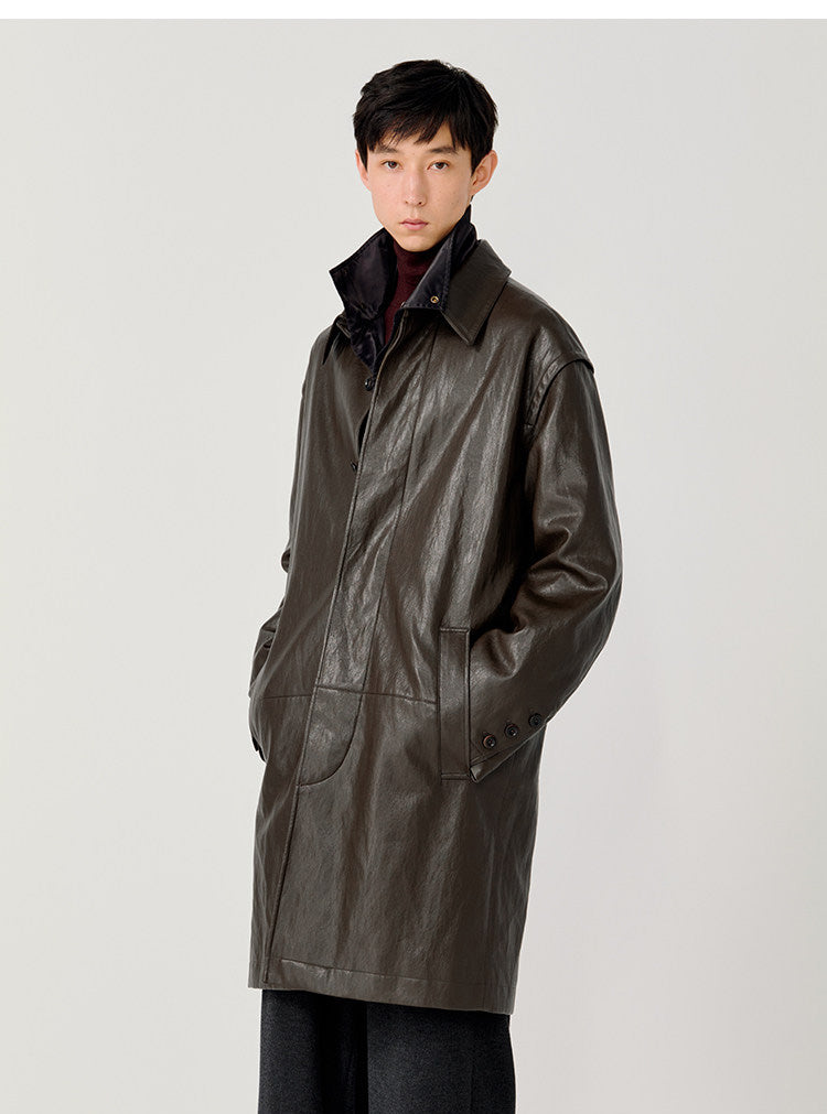 Hidden Front Placket Leather Coat