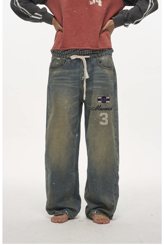 Denim Pants with Splash Ink Embroidery