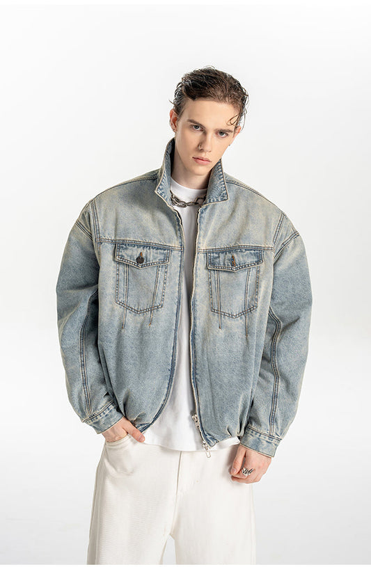 Wide-Shoulder Washed Denim Jacket