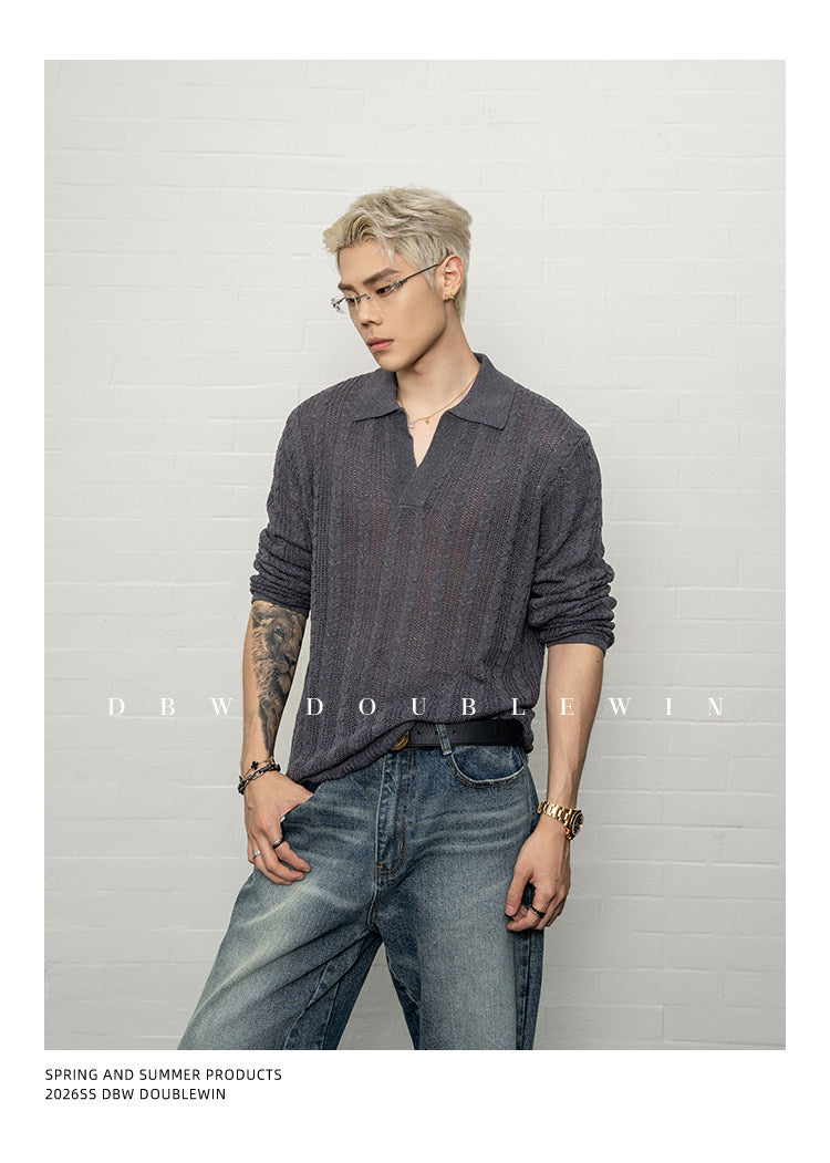 V-neck lapel knit sweater