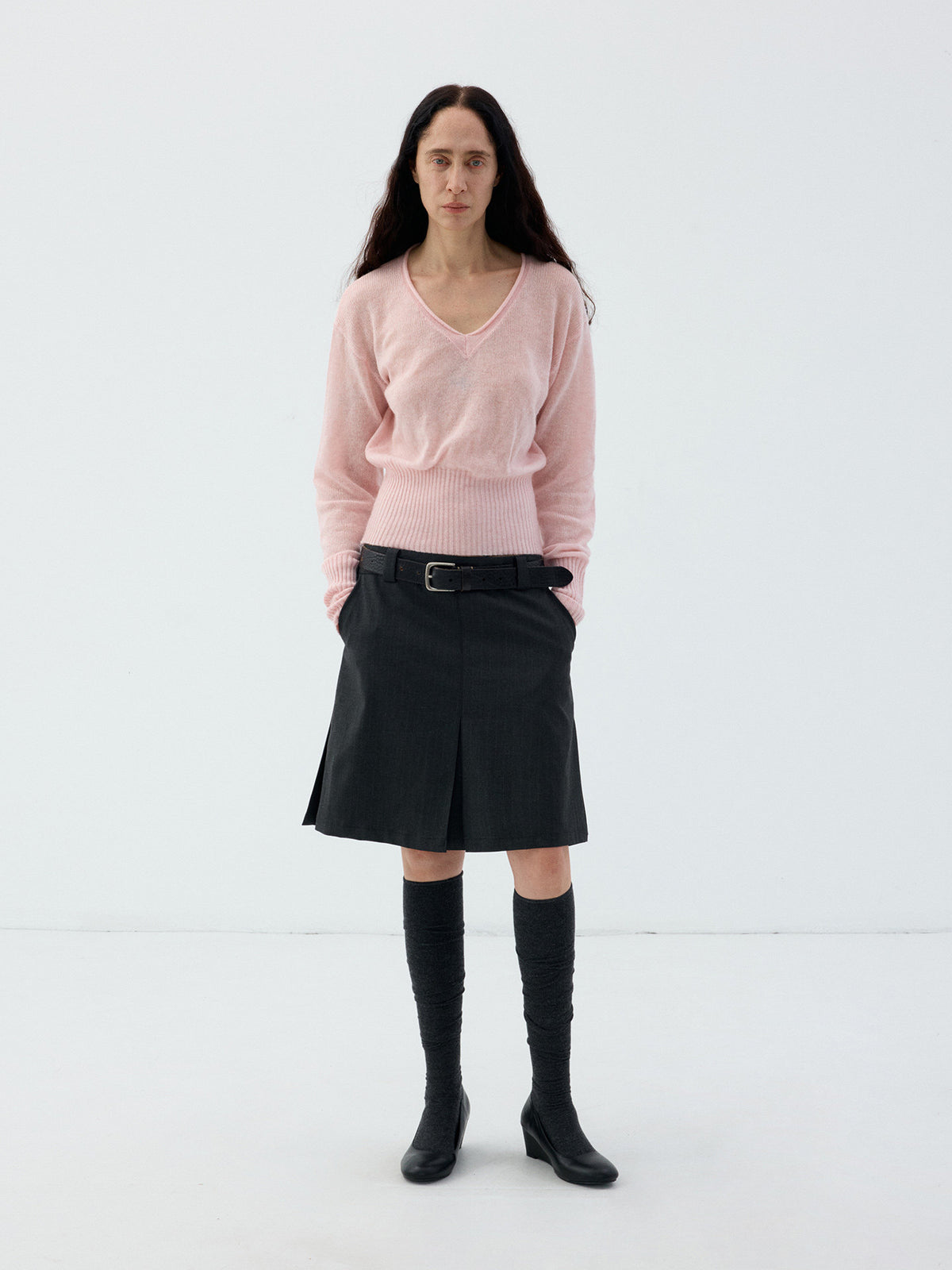 Wool Roll-Sleeve V-Neck Sweater