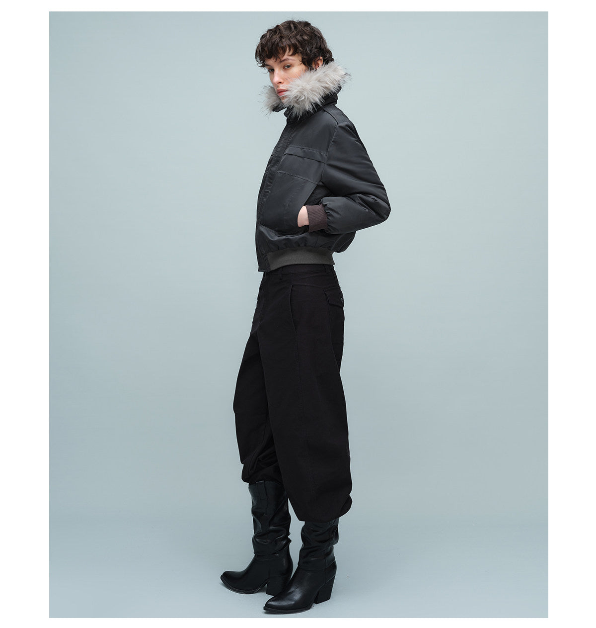 Short Bomber Jacket with Detachable Fur Collar