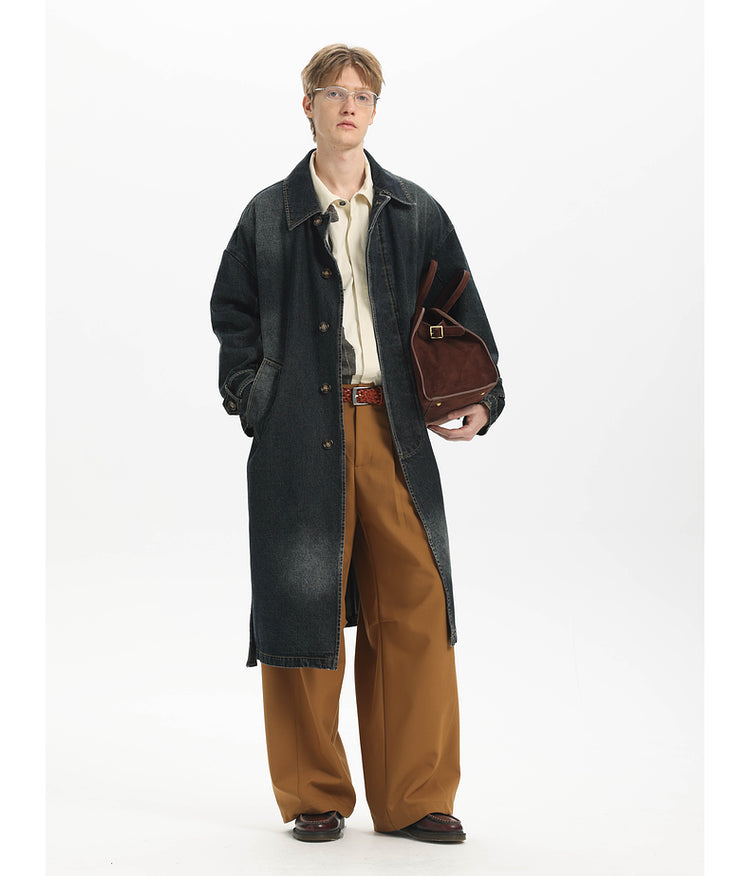 Washed Denim Long Trench Coat