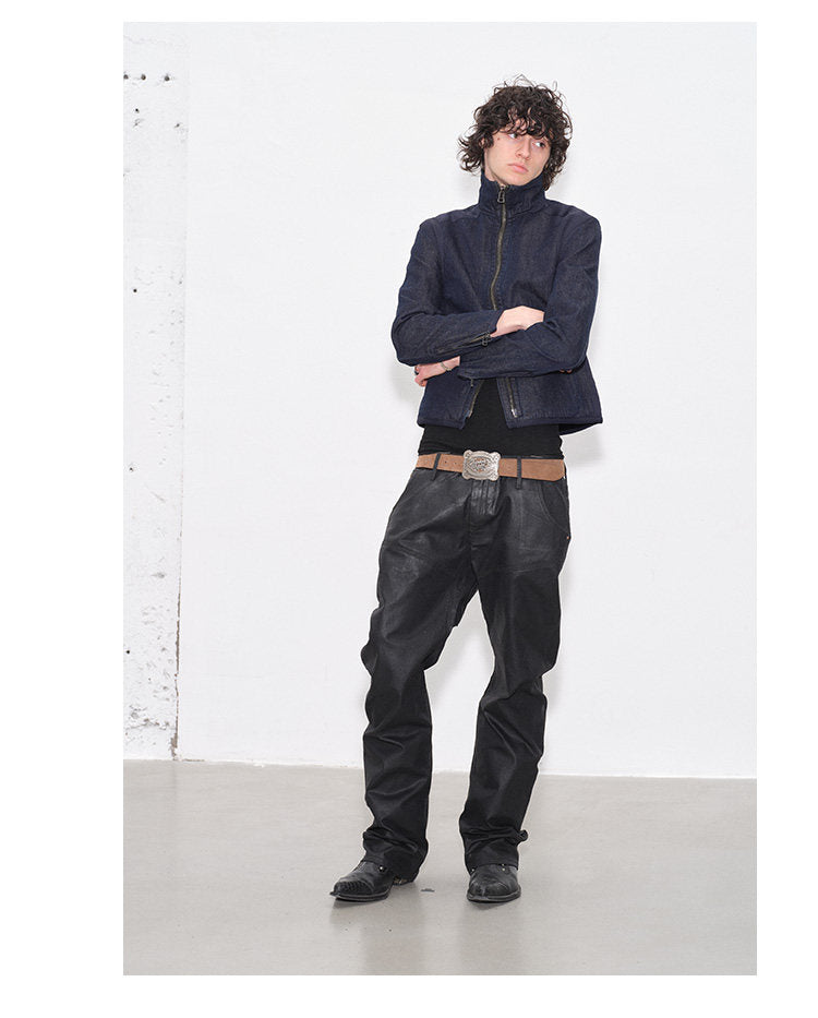 Double Zipper Slim Fit Raw Denim Jacket